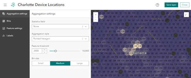 Image of Velocity showing the aggregation settings, giving users the ability to tailor the visualization to best fit their data with options to adjust the statistics field, aggregation style, feature threshold, and bin size.