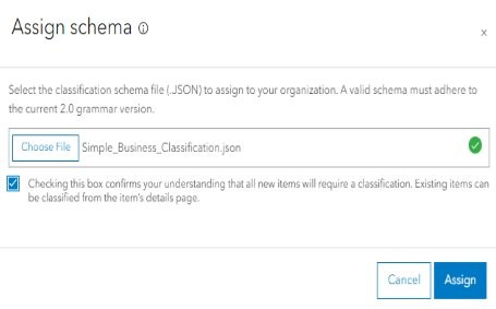 A dialog box to upload a JSON file for classification schema with a confirmation checkbox.