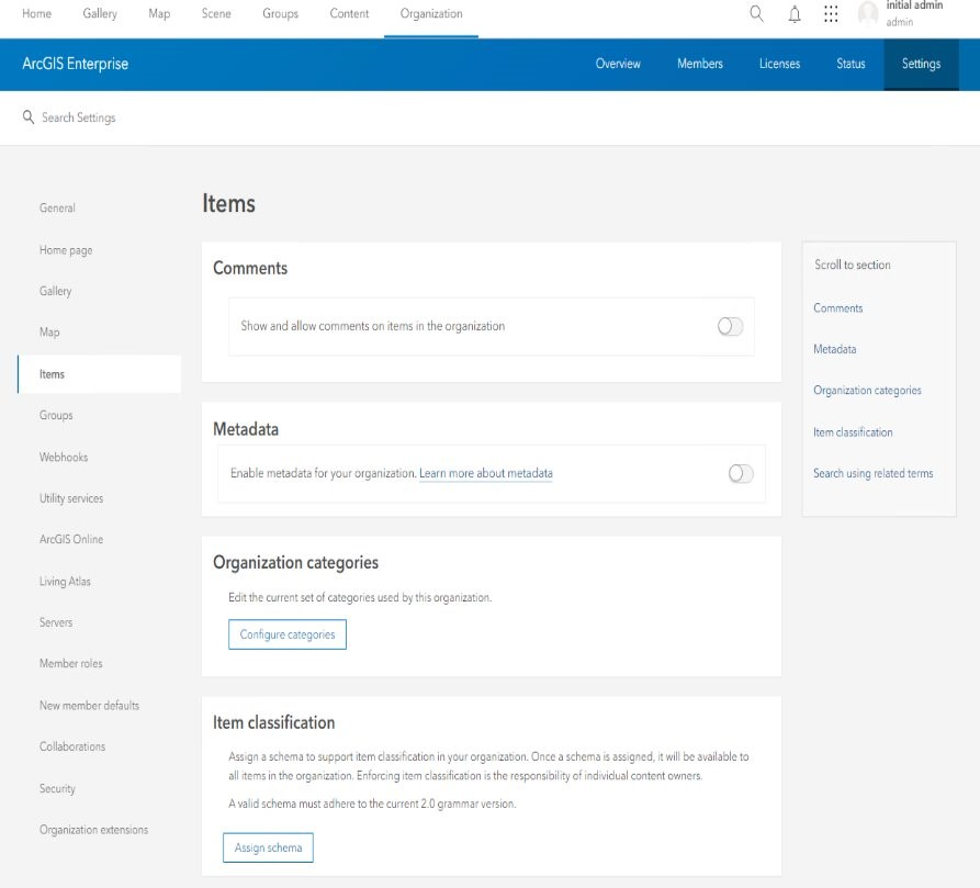 ArcGIS Enterprise organization settings page, showing the "Items" configuration options.