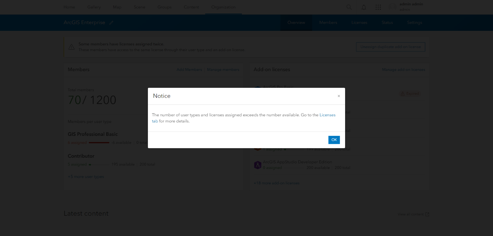 Screenshot of ArcGIS Enterprise user management with a notice message about user type licenses