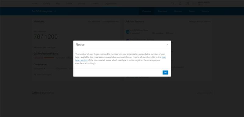 Screenshot of ArcGIS Enterprise user management with a notice message about user type licenses