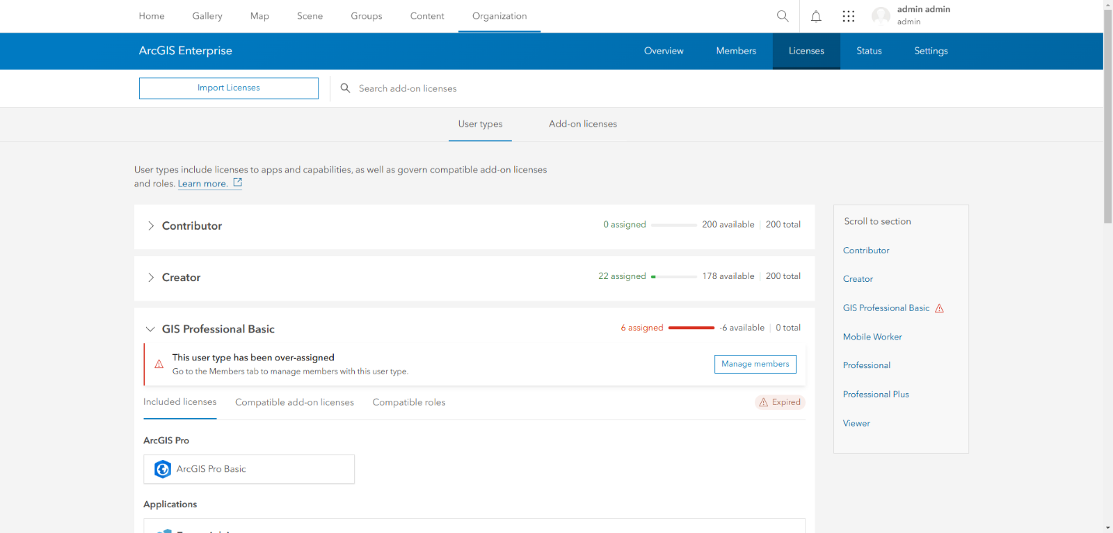 ArcGIS Enterprise license management page showing over-assigned "GIS Professional Basic" user type.