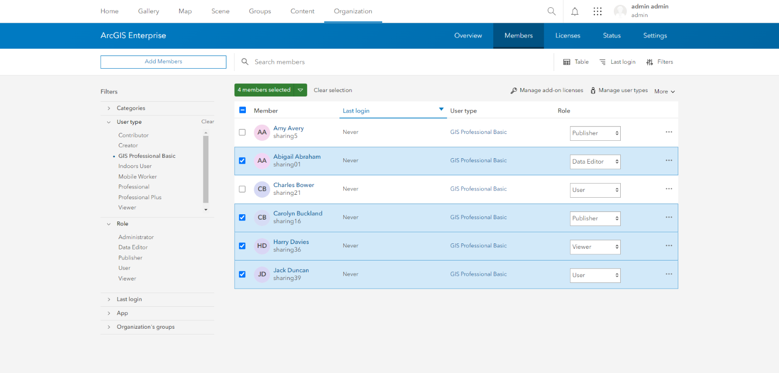 Screenshot of the ArcGIS Enterprise Members page with a list of users and their roles.