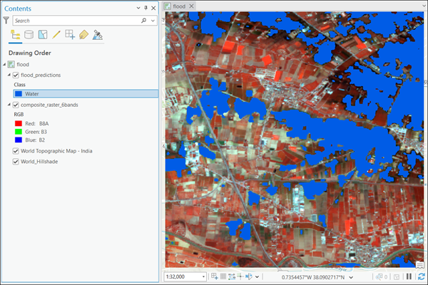 An example output from the Prithvi-100M-sen1floods11 pretrained model by fine-tuning Prithvi-100m with the Sen1Floods11 dataset, in which the blue color represents floodwater