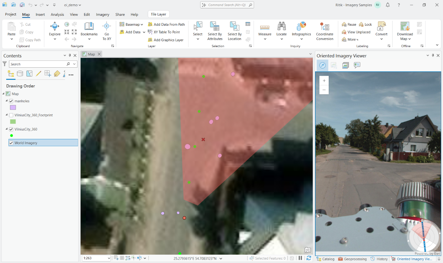 An oriented imagery dataset viewed in ArcGIS Pro with detected features