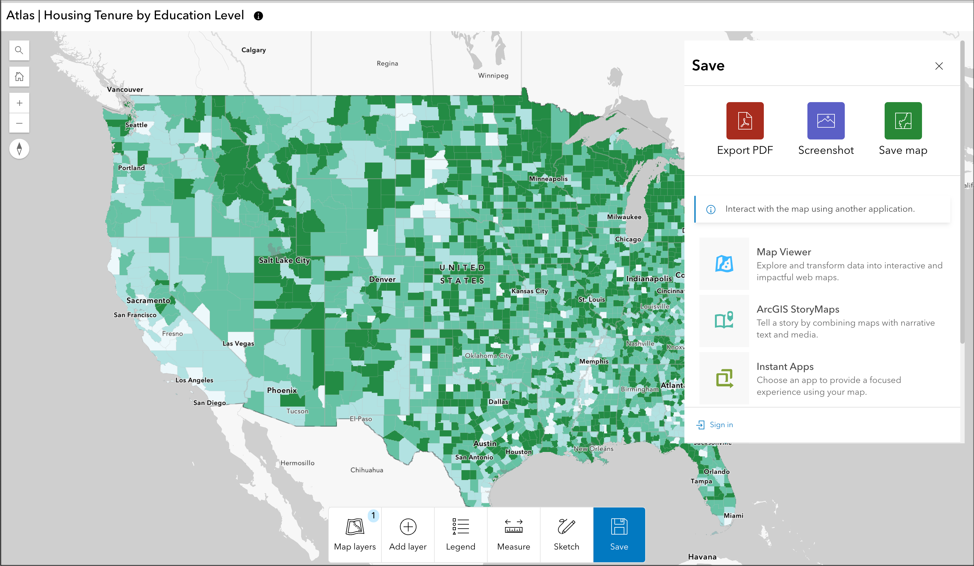 Instant Apps Atlas template showing Create options in Save pane