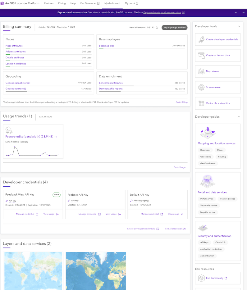 ArcGIS Location Platform dashboard