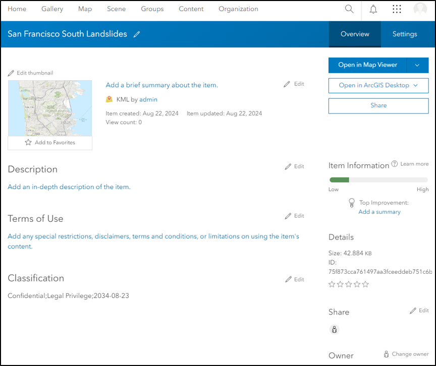 Screenshot of an ArcGIS Online item details page for a KML file of San Francisco landslides.