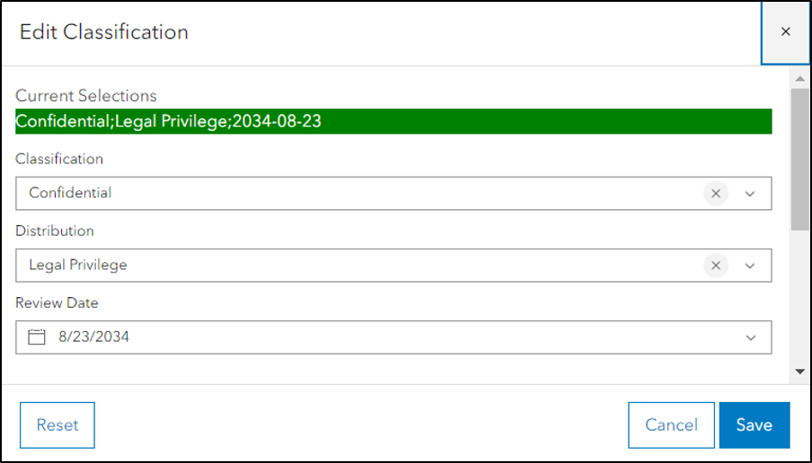 Edit Classification window with current selections and fields with options to change Classification, Distribution and Review Date.