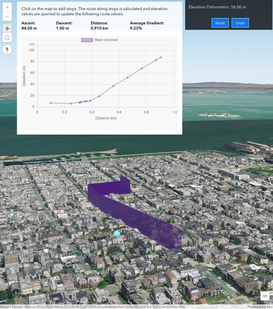 Purple flat polygon representing elevation sea level points in a coastal city.