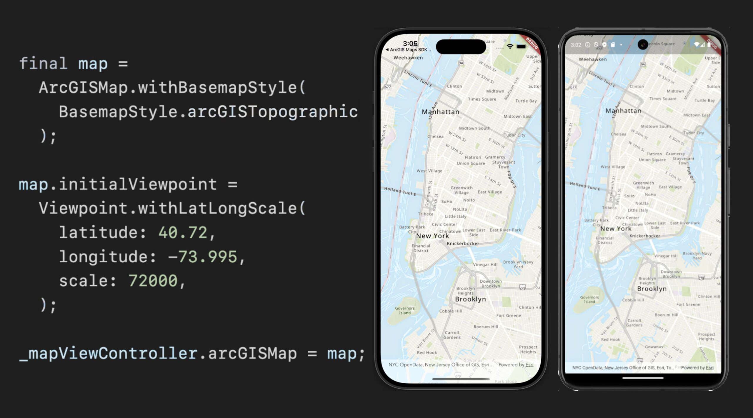 Sample Flutter code showing lower Manhattan in the Topographic basemap style in both iOS and Android