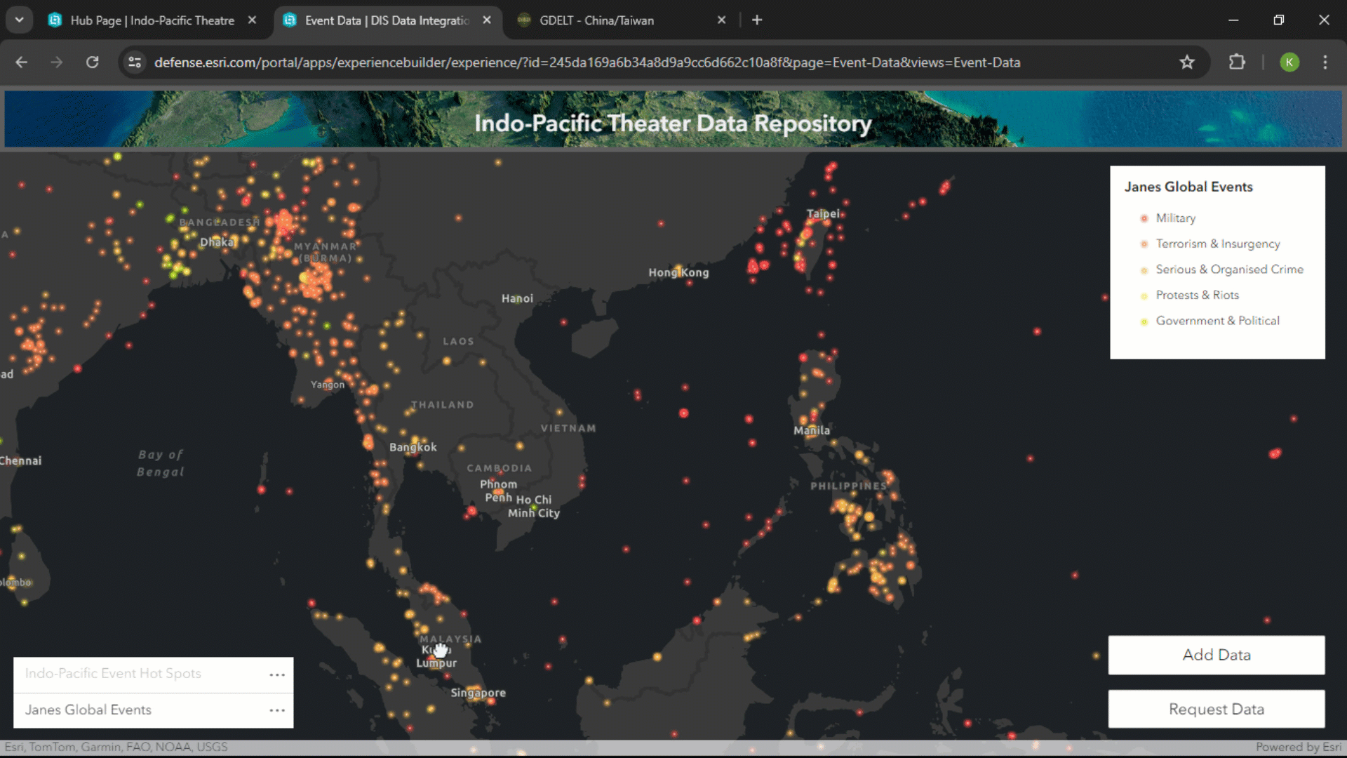 GIF clicking on the "Add Data" widget in the ArcGIS Experience Builder interface