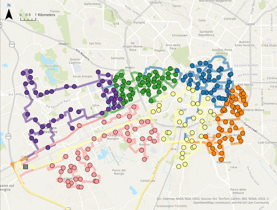 Multiple colored vehicle routes displayed on a city map