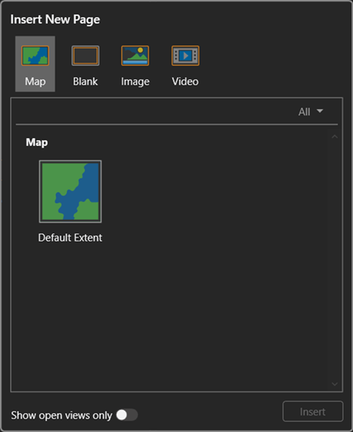 The Insert New Page pane with the Map, Blank, Image, and Video options available to insert into a Presentation.