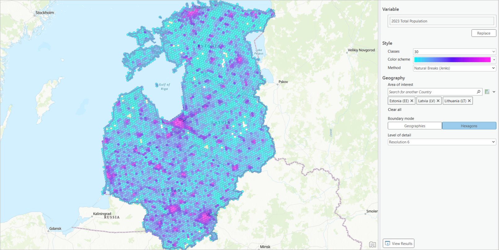 Baltic states mapped with Resolution 6 hexagons