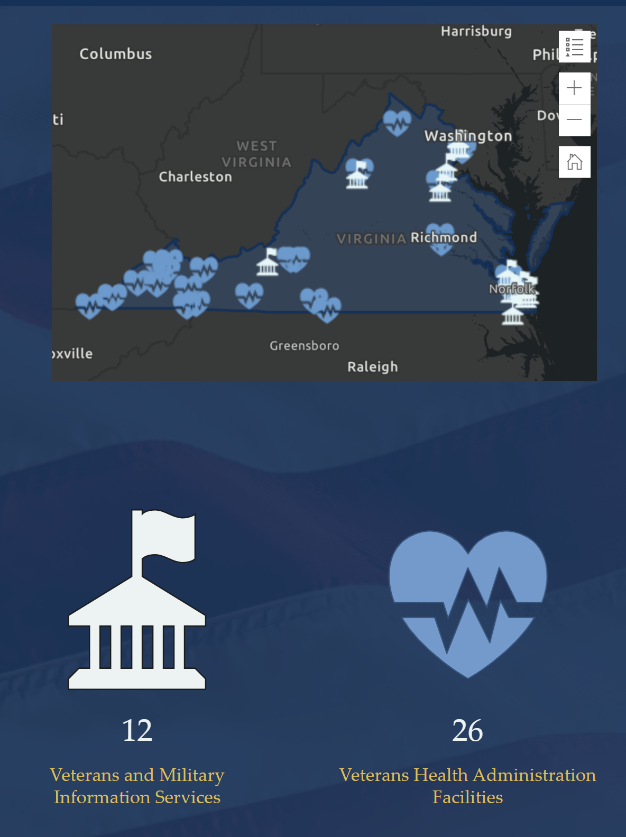 Infographic panel showing locations of veteran service buildings for the state of Virginia.