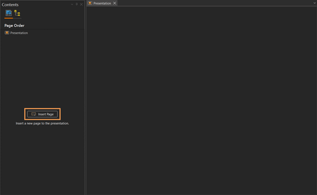 A new presentation with the Contents pane and Presentation view open.