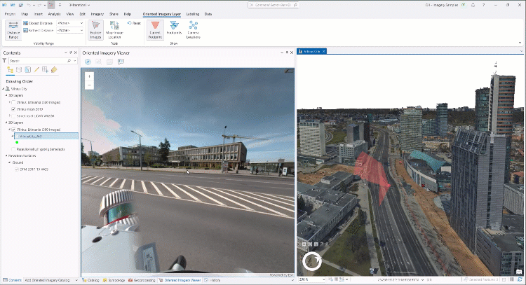 GIF of someone panning and zooming in a 360 image in the oriented imagery viewer in ArcGIS Pro, with a 3D coverage feature updating dynamically in a 3D scene showing a mesh of city buildings.