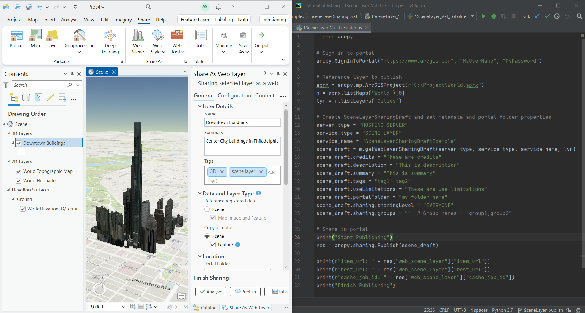 Share a web scene layer with an associated web feature layer with ArcGIS Pro or Python