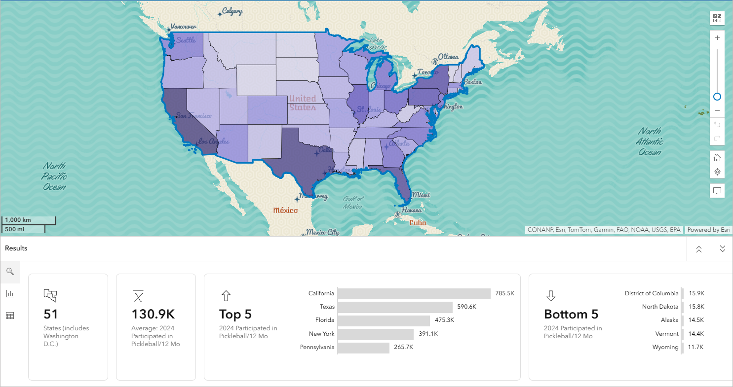 Color-coded map of pickleball participation in the last year