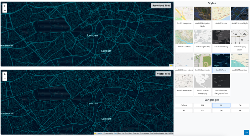 Two black and blue maps of a city center, each accompanied by a box for selecting different map styles.