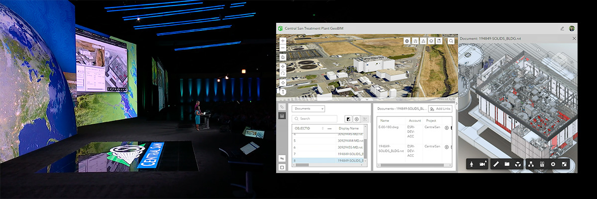 A screenshot of a 3D scene of a water treatment facility and BIM documentation from Autodesk displayed within ArcGIS GeoBIM on the left, and an image of an Esri UC presentation on the right.