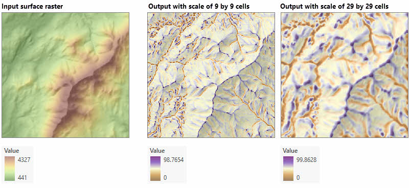 Input raster and outputs a two different scales from Multiscale Surface Percentile in ArcGIS Spatial Analyst 3.4