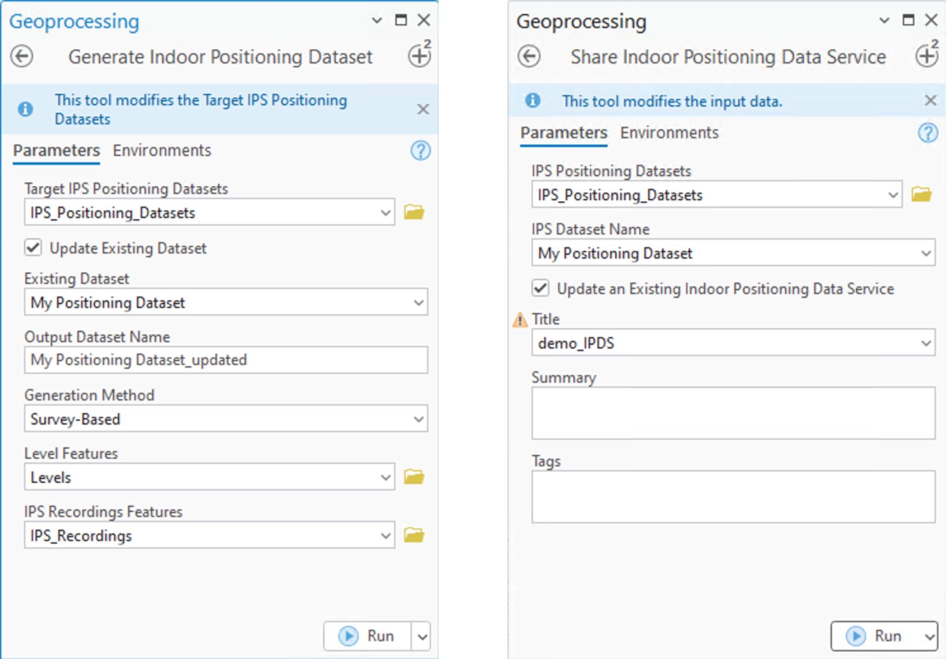 A new option is available on the "Generate Indoor Positioning Dataset" and the "Share Indoor Positioning Data Service" tools to update existing positioning data