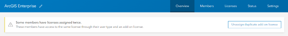 Warning: Some ArcGIS Enterprise members have duplicate add-on licenses assigned. Button to unassign duplicates.