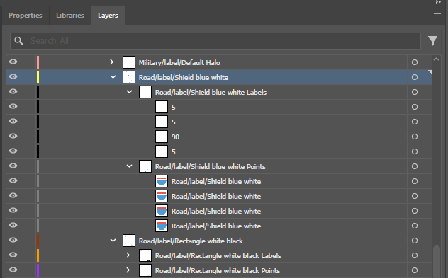 illustrator layers panel with road shield points and labels