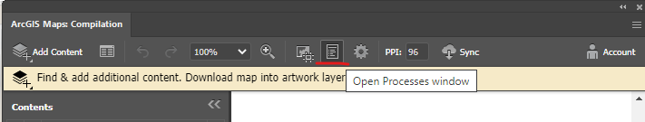 user interface of arcgis maps for adobe compilation window and processes button