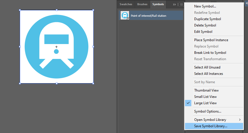 rail station icon with the symbol library menu open