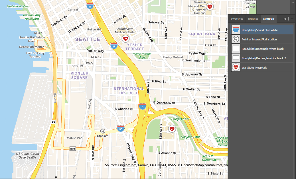 a map of downtown Seattle, Washington with highways, streets, and hospitals.