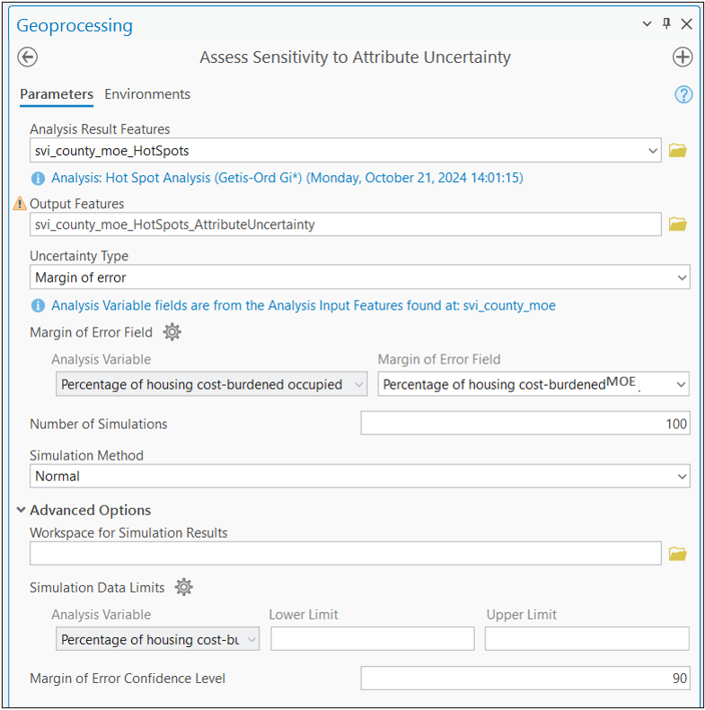 screenshot of assess sensitivity to attribute uncertainty tool