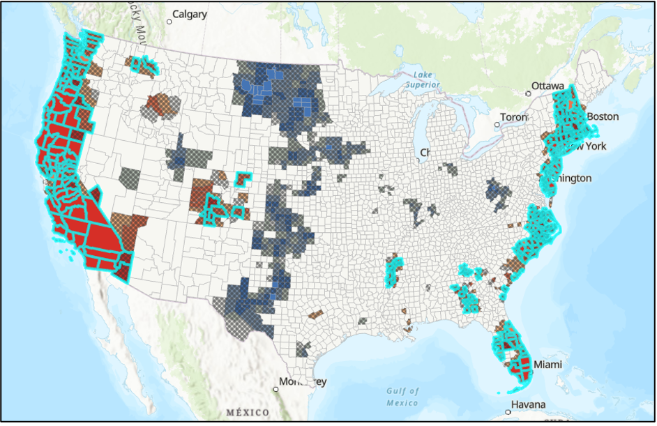 map with counties selected that have both original and predominant hot spots.