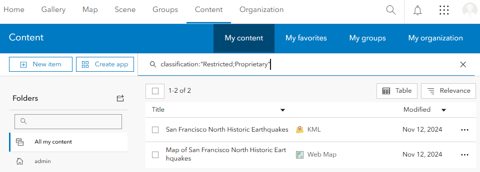 "My Content" tab with "classification:'Restricted;Proprietary'" in the search bar