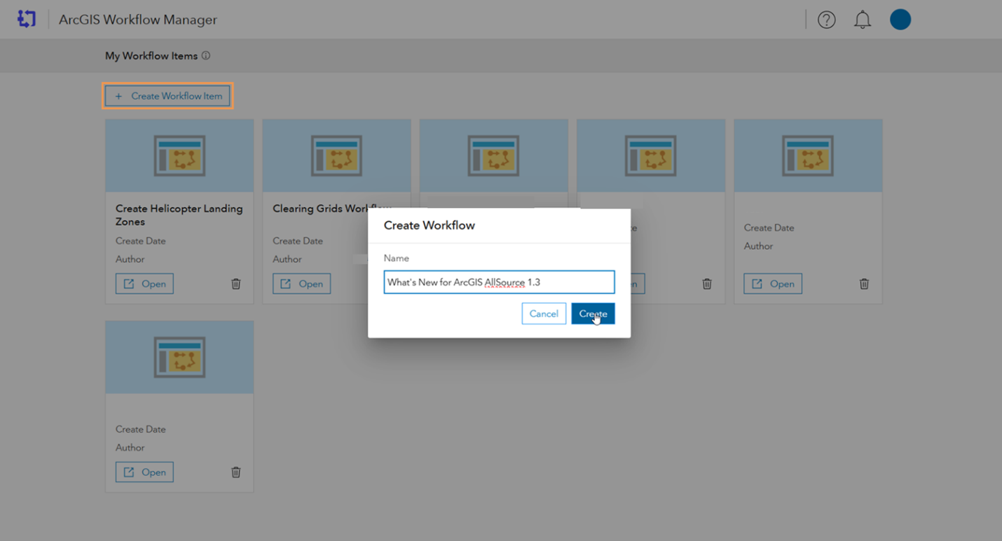 ArcGIS Workflow Manager’s web application with the Create Workflow dialog box open.