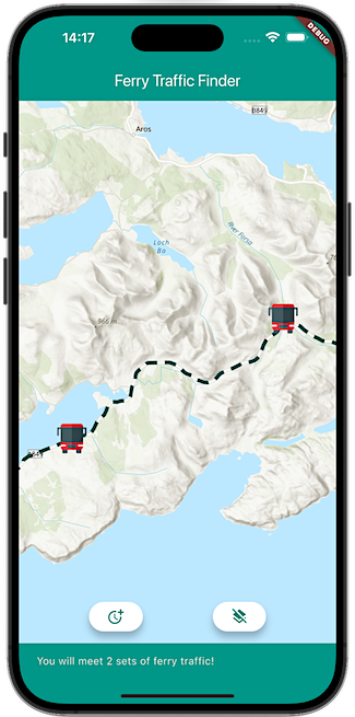 A mobile phone screen displaying a route with two bus icons part ways along it.