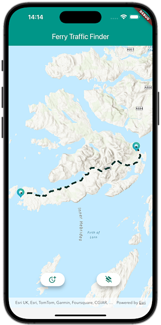 A mobile phone screen displaying a map with a route drawn in a black dashed line.