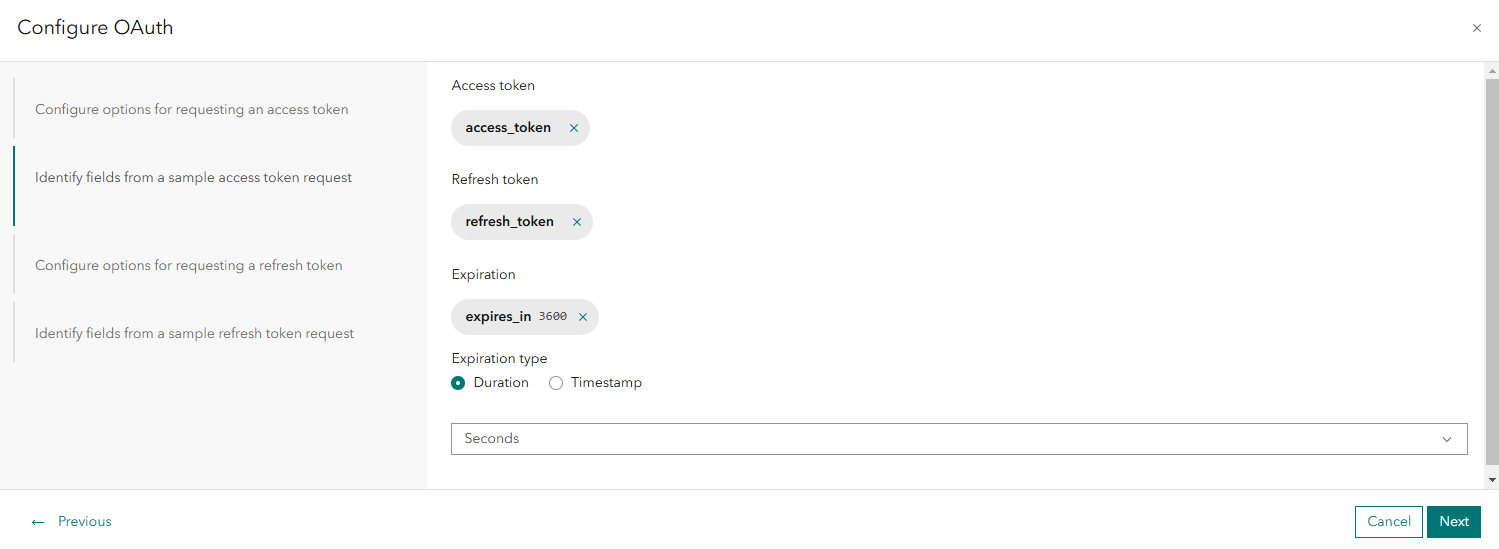 Sample window of "Configure OAuth" in ArcGIS Velocity.