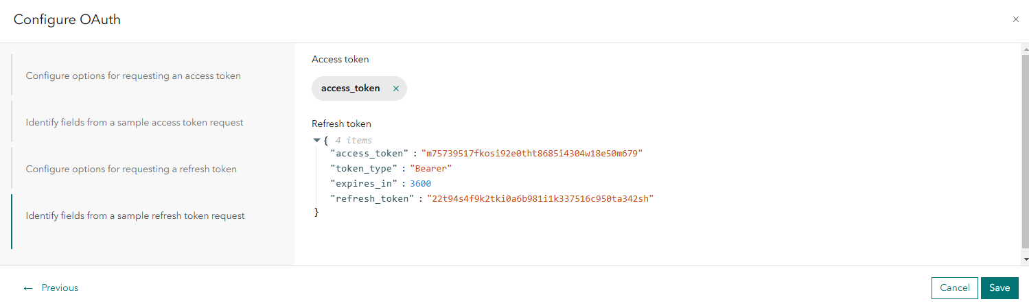 In the Identify fields from a sample refresh token request window, the access token and refresh token key/value pairs are identified.