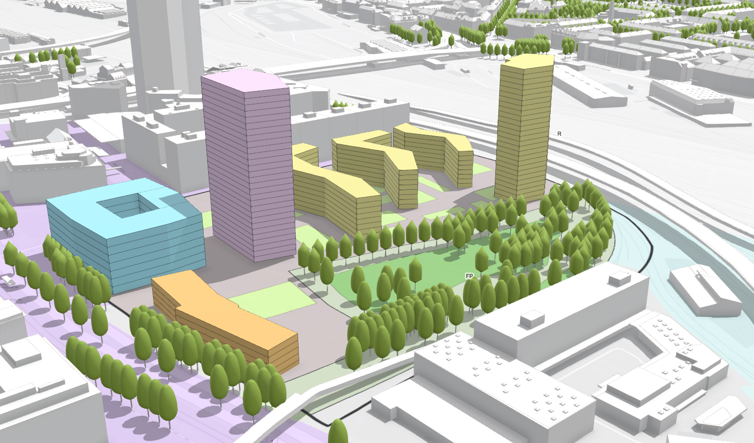 An aerial view of the 3D schematic urban model of Pfingstweid Park in Zurich, Switzerland