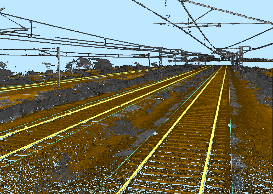 Point cloud displaying classified rail, ground points, and processing boundaries.