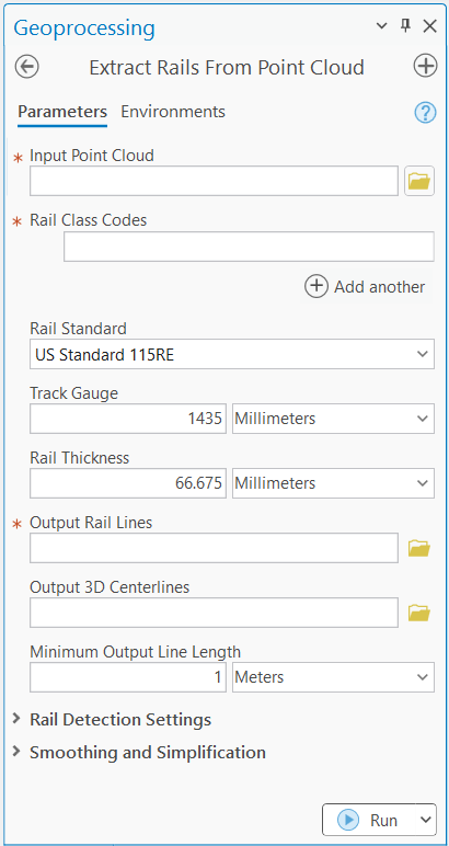 User interface of the Extract Rails From Point Cloud tool.