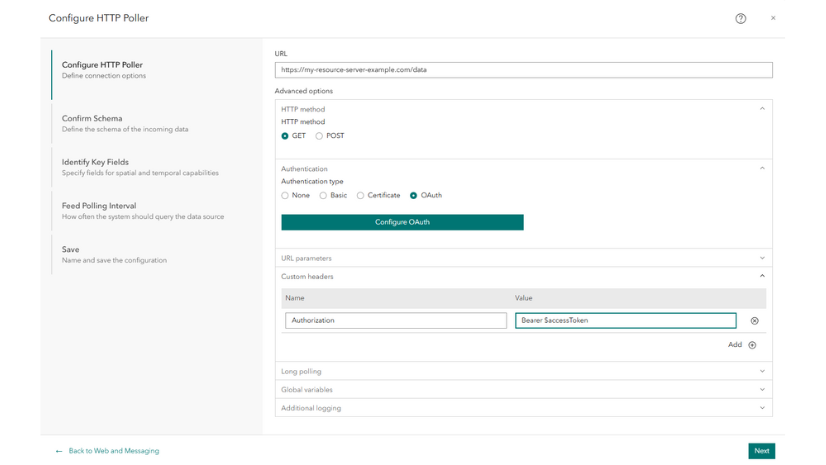 image showing configure http poller feed type in ArcGIS Velocity.