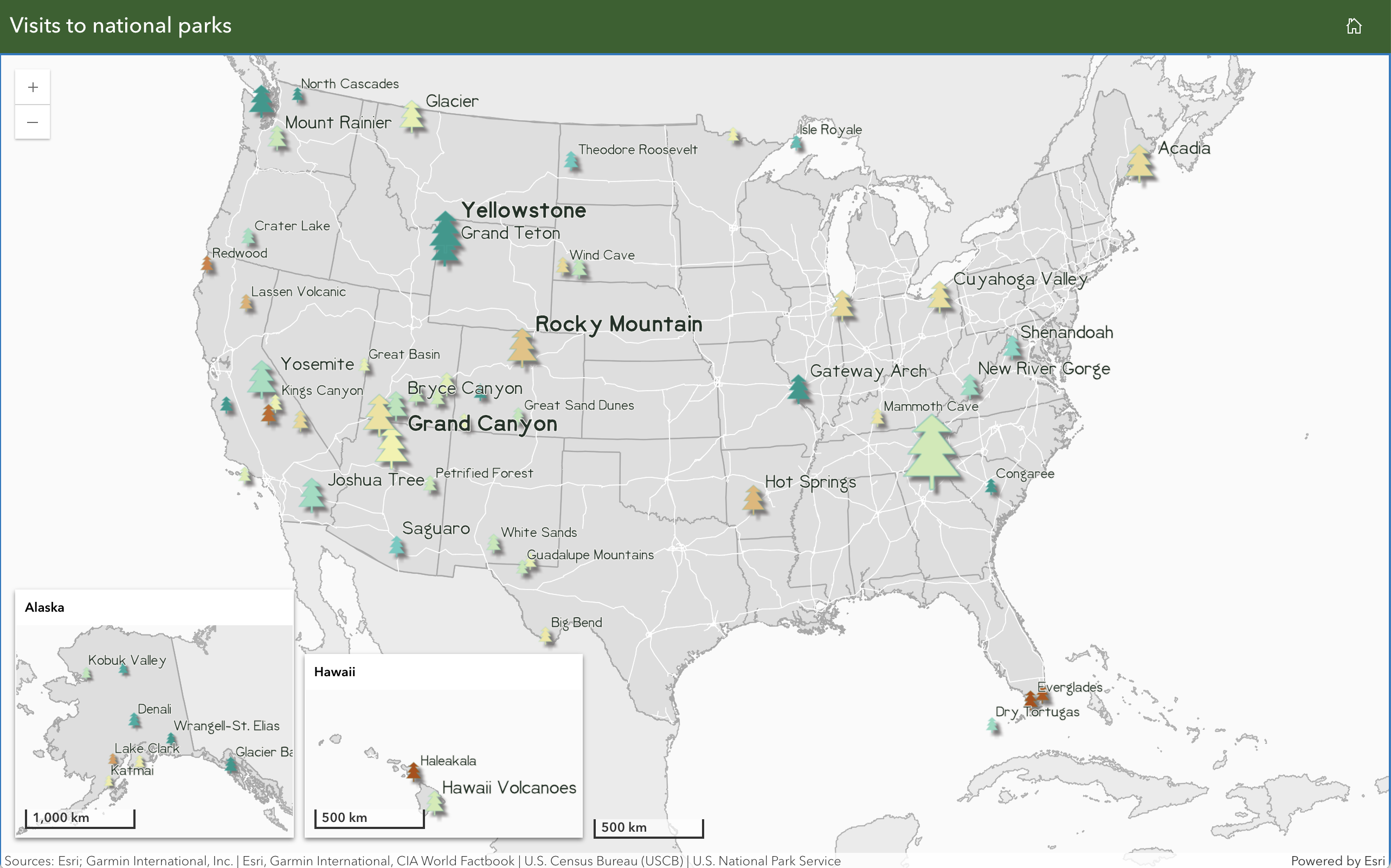 This app visualizes the number of visitors to U.S. national parks in 2023. It was created without writing a single line of code. The map itself was configured in Map Viewer. The layout, including the insets were created using Instant Apps.