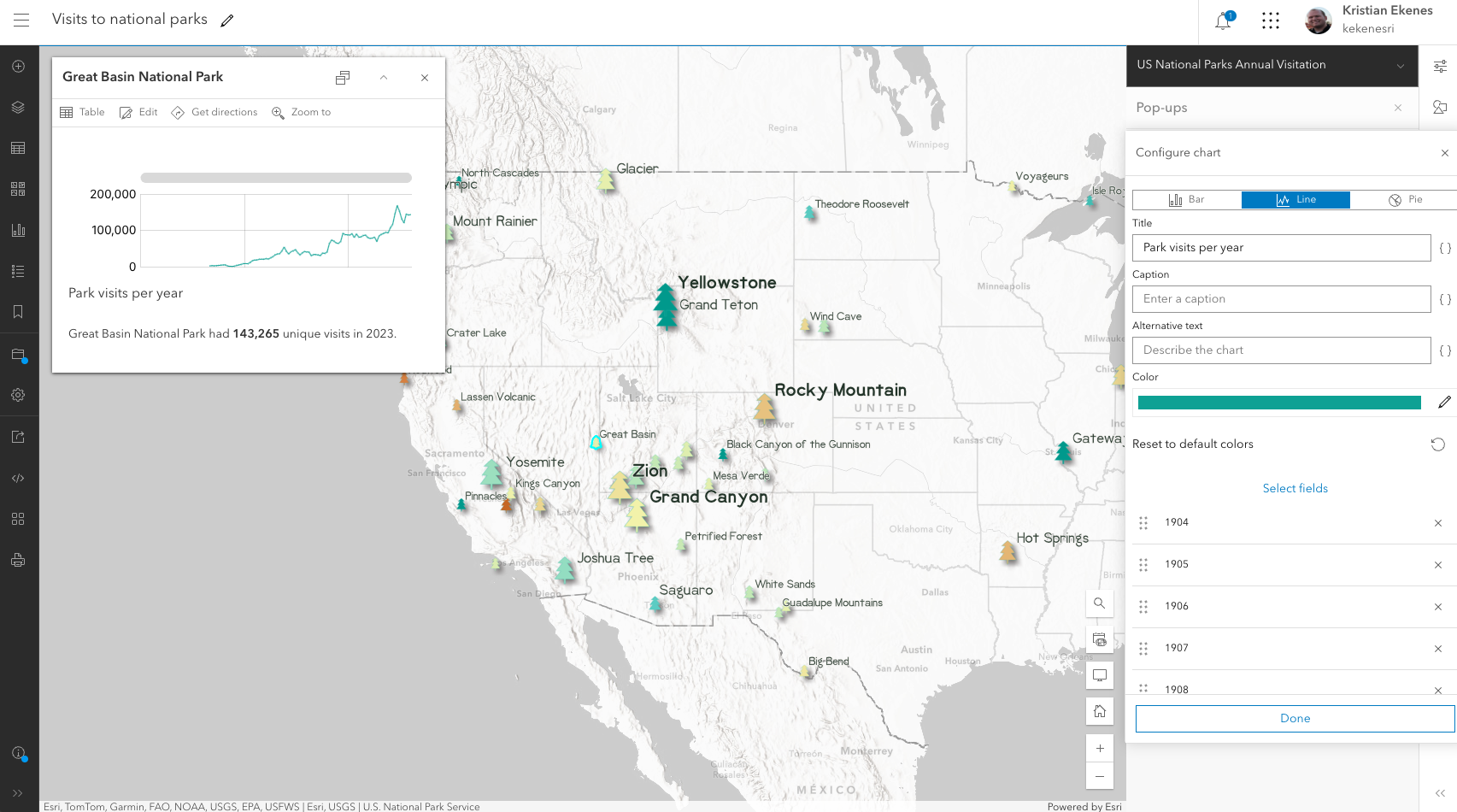 The popup configuration panel in Map Viewer. Map Viewer allows you to configure a layer's popup content, such as text, charts, and images.