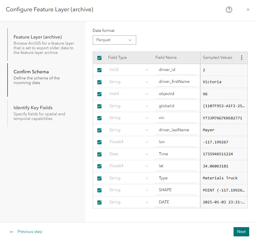 The sampled data from the feature layer archive.