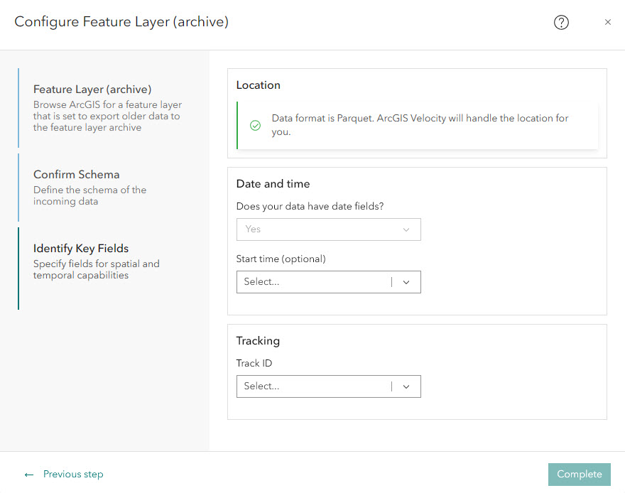 The Location parameter in the Identify Key Fields section states that the location data will be autoatically handled.