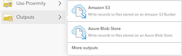 Amazone S3 and Azure Blob Store are available output types.